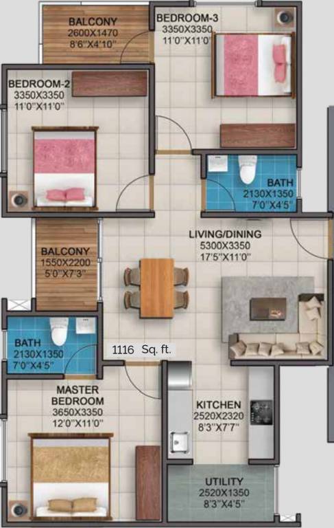 Vaishnavi Serene (3BHK+3T (1,116 sq ft) 1116 sq ft)