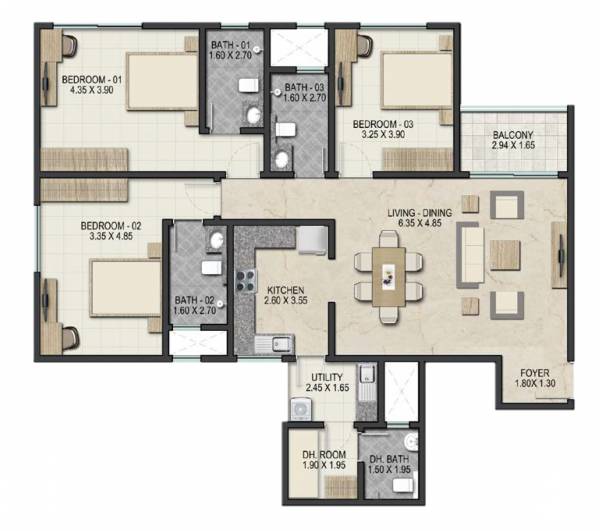 Sobha Royal Pavilion Phase 1 Wing 6 And 7 (3BHK+3T (1,077.79 sq ft) 1077.79 sq ft)
