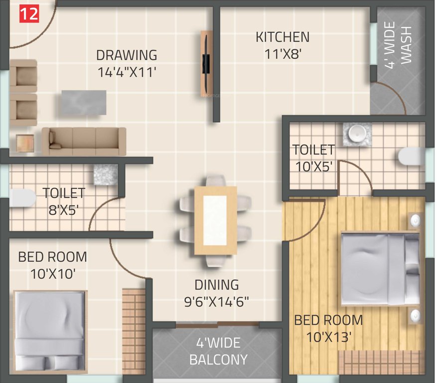 S And M SM Gardenia (2BHK+2T (1,070 sq ft) 1070 sq ft)
