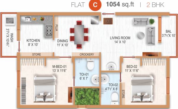Shree Vishnu Elina (2BHK+2T (1,054 sq ft) 1054 sq ft)