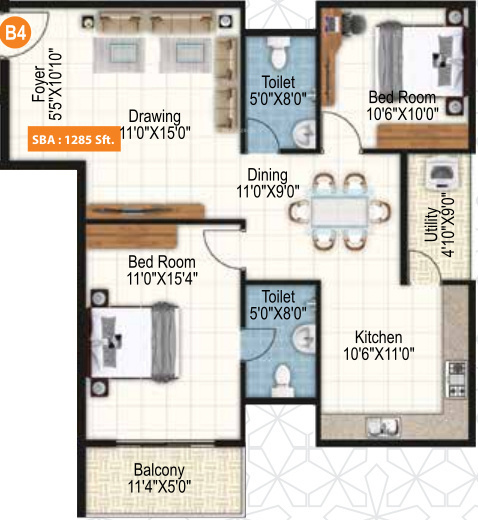 Purvi Symphony (2BHK+2T (1,285 sq ft) 1285 sq ft)