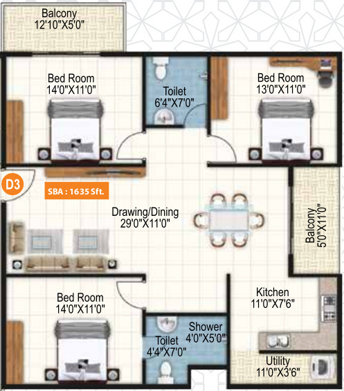 Purvi Symphony (3BHK+3T (1,635 sq ft) 1635 sq ft)