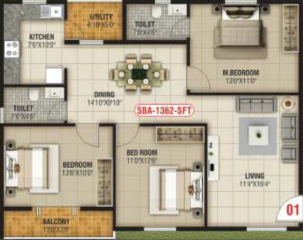 North East Platinum (3BHK+3T (1,362 sq ft) 1362 sq ft)