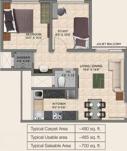 Provident Park Square Phase 3 Towers 5A and 5B (2BHK+1T (700 sq ft) 700 sq ft)