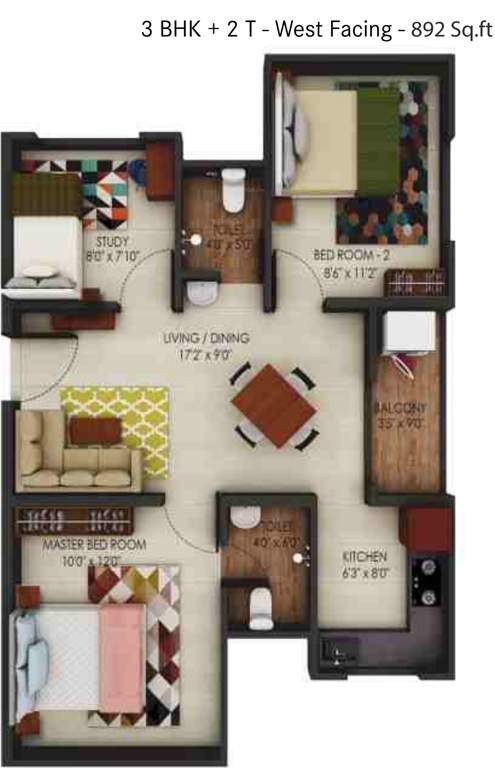 Urbanrise Code Name Million Carats (3BHK+3T (892 sq ft) 892 sq ft)