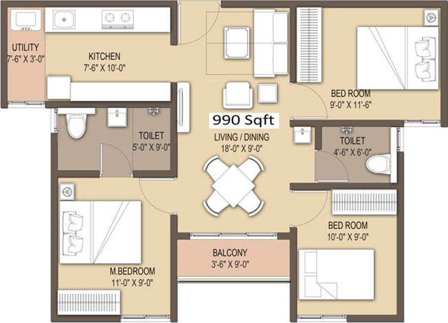 GM Orchid Enclave (3BHK+3T (990 sq ft) 990 sq ft)