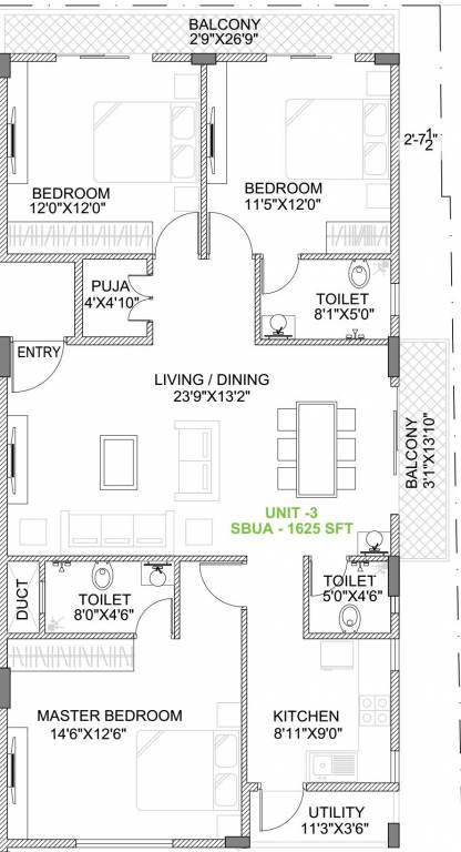 Unity Silver Oak (3BHK+3T (1,625 sq ft) + Pooja Room 1625 sq ft)