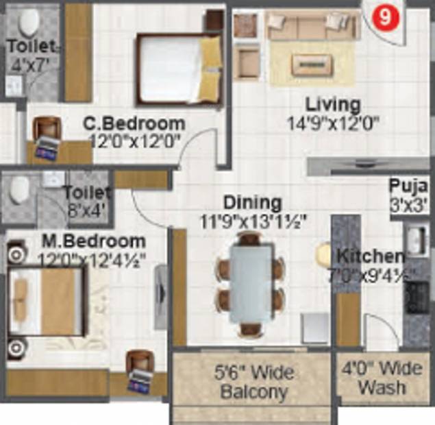 RR Central Park (2BHK+2T (1,274.99 sq ft) 1274.99 sq ft)