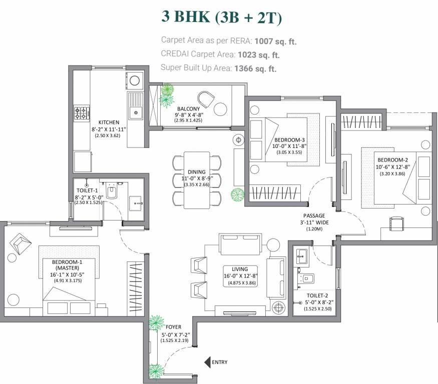 Assetz Marq 2 (3BHK+2T (1,366 sq ft) 1366 sq ft)