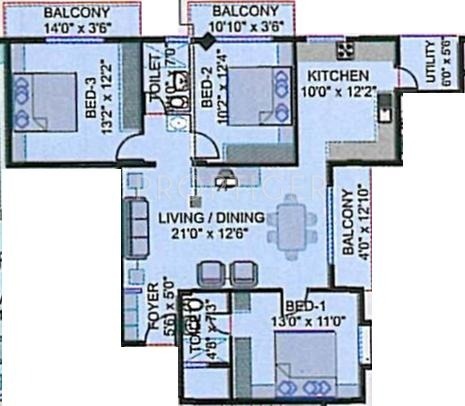 Aban Humming Bees (3BHK+2T (1,363 sq ft) 1363 sq ft)