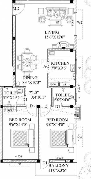 Guru Akshaya Apartments (2BHK+2T (995 sq ft) 995 sq ft)