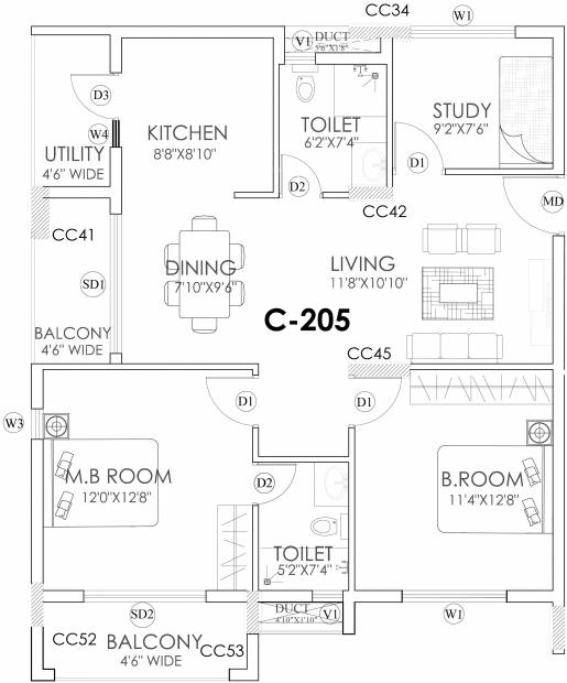 Perody Classic (2BHK+2T (1,293 sq ft) + Study Room 1293 sq ft)