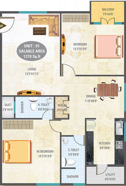 5 Elements Eshwaree Orchids (2BHK+2T (1,270 sq ft) + Pooja Room 1270 sq ft)
