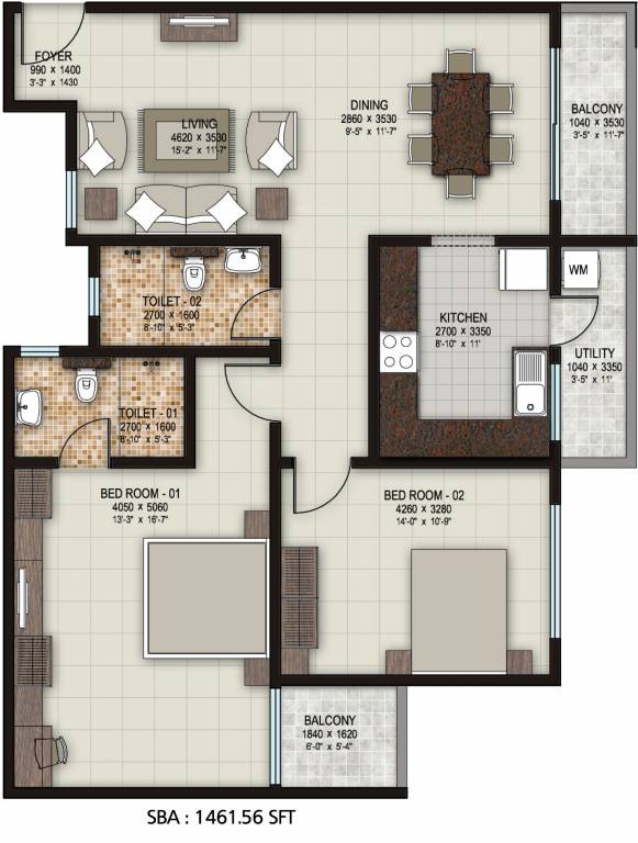 Sobha Elan (2BHK+2T (1,461.56 sq ft) 1461.56 sq ft)
