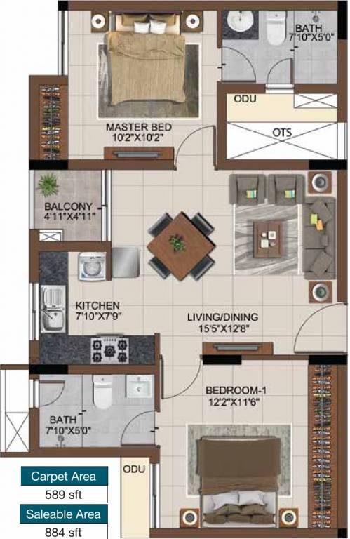Casagrand Castle (2BHK+2T (884 sq ft) 884 sq ft)