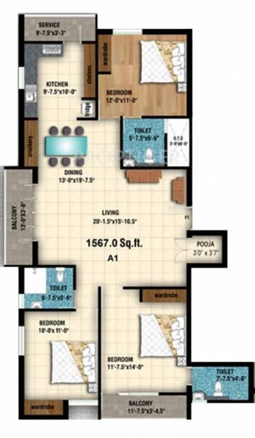 Anitech Blossomm A (3BHK+3T (1,586 sq ft)   Pooja Room 1586 sq ft)