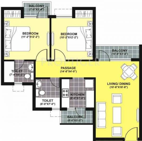 Unitech Unihomes 2 (2BHK+2T (981 sq ft) 981 sq ft)