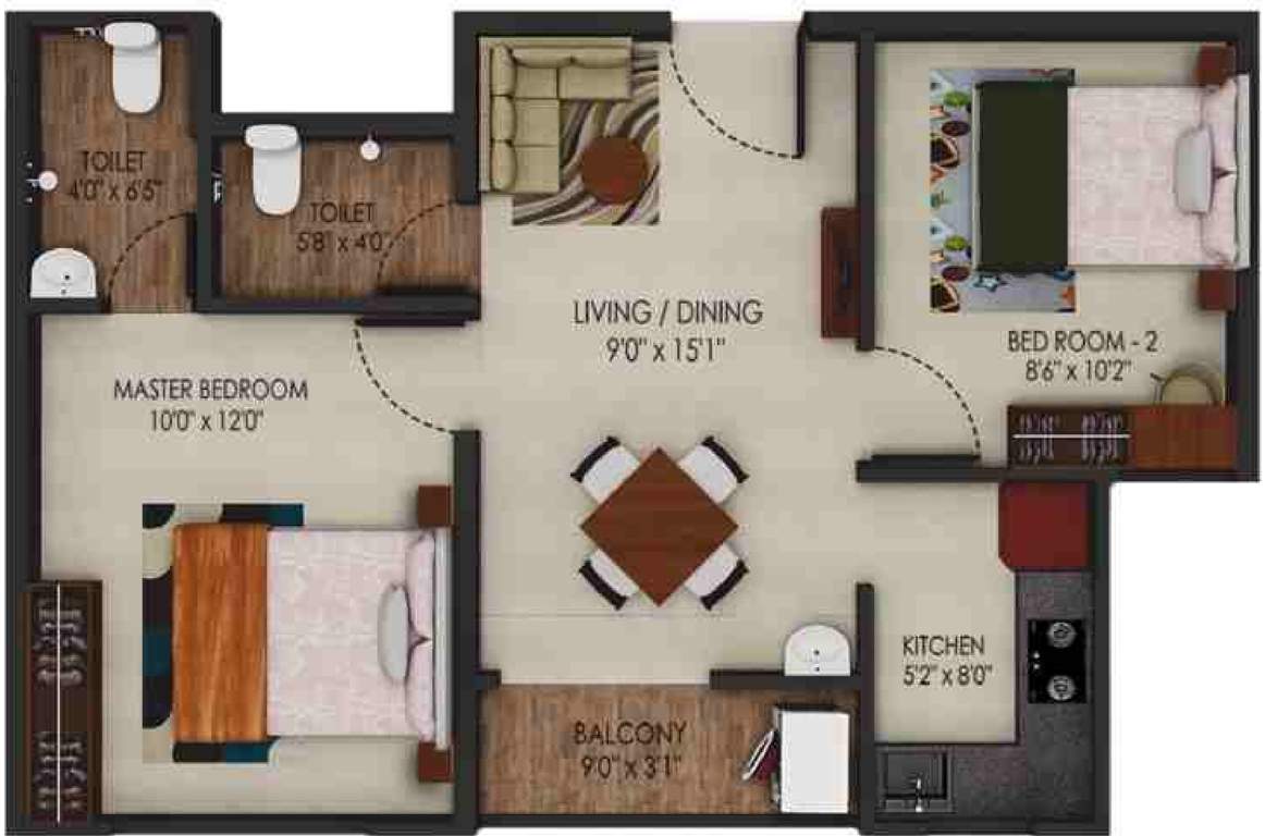 Urbanrise Code Name Million Carats (2BHK+2T (727 sq ft) 727 sq ft)