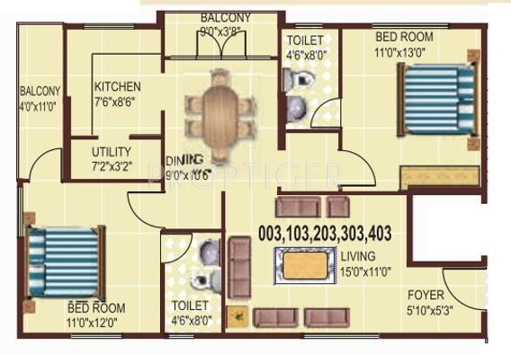 Charitha Blossom (2BHK+2T (1,115 sq ft) 1115 sq ft)