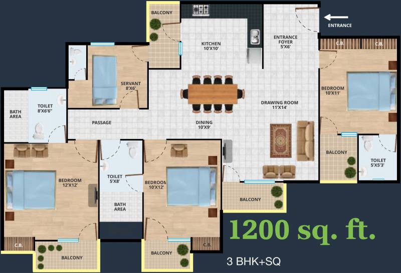 Revanta Diplomatic Greens (3BHK+3T (1,200 sq ft) + Servant Room 1200 sq ft)