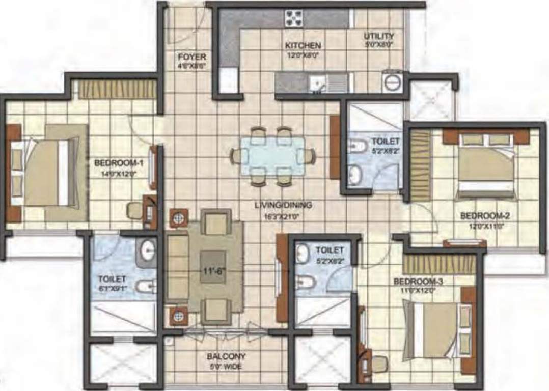 Prestige Song Of The South Phase 2 (3BHK+3T (1,598 sq ft) 1598 sq ft)
