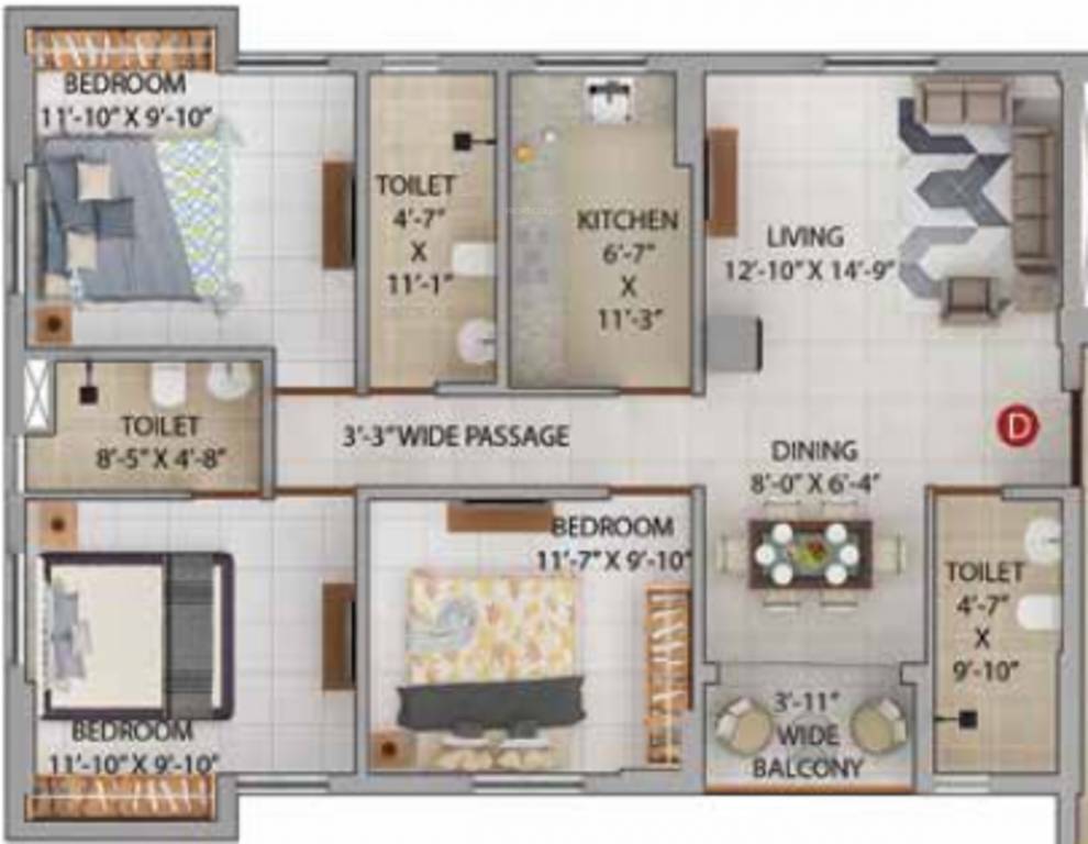 Merlin Iris (3BHK+3T (1,035 sq ft) 1035 sq ft)