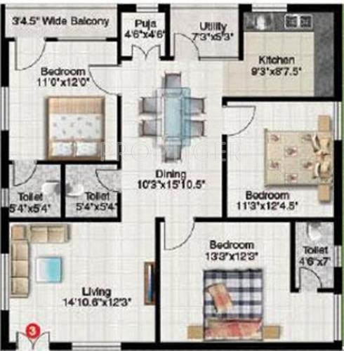 North Sneha Arcade (3BHK+3T (1,522 sq ft)   Pooja Room 1522 sq ft)