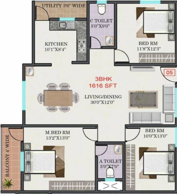 R Mountrose Apartment (3BHK+2T (1,616 sq ft) 1616 sq ft)