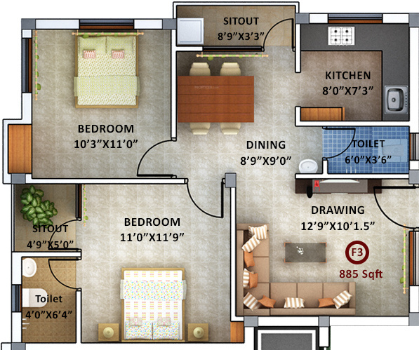 AA Gokulam (2BHK+2T (885 sq ft) 885 sq ft)