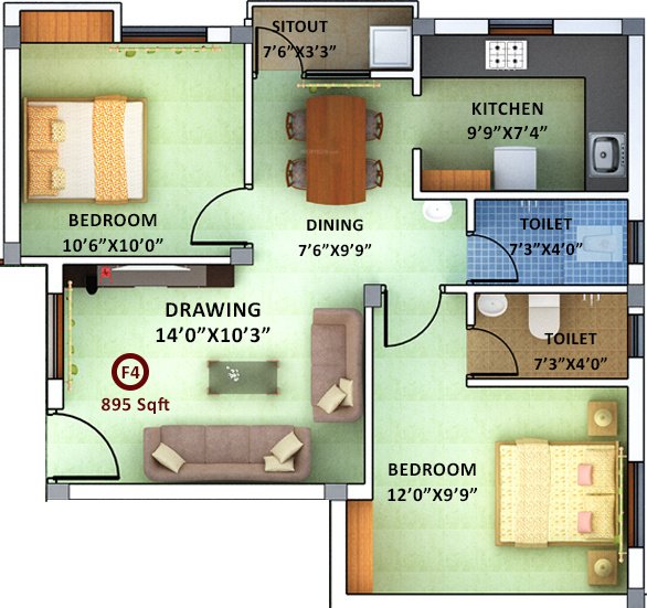 AA Gokulam (2BHK+2T (895 sq ft) 895 sq ft)