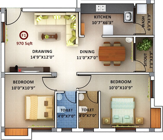 AA Gokulam (2BHK+2T (970 sq ft) 970 sq ft)
