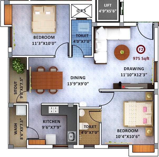 AA Gokulam (2BHK+2T (975 sq ft) 975 sq ft)