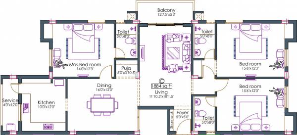 Pushkar Harrington Residences (3BHK+3T (1,884 sq ft) + Pooja Room 1884 sq ft)