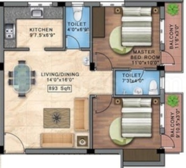 Blucon Pristine (2BHK+2T ( 893 sq ft) 893 sq ft)