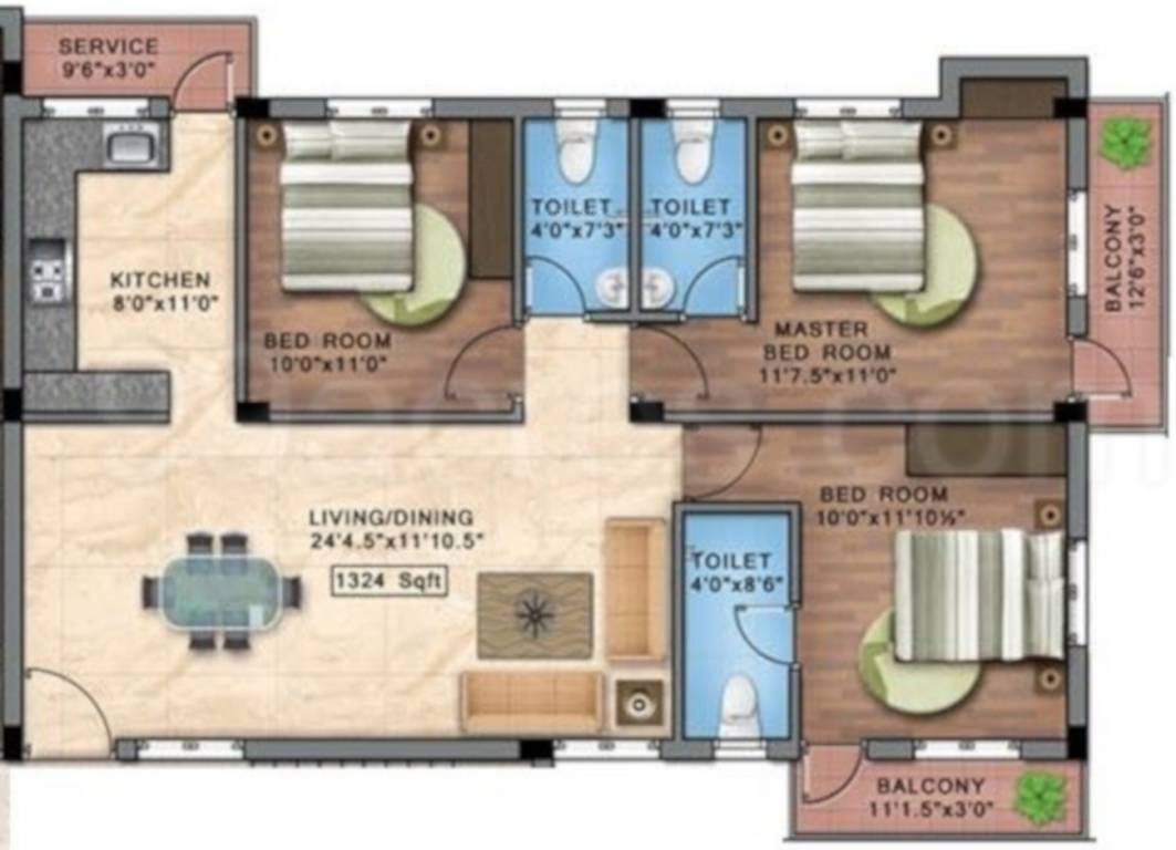 Blucon Pristine (3BHK+3T (1,324 sq ft) 1324 sq ft)