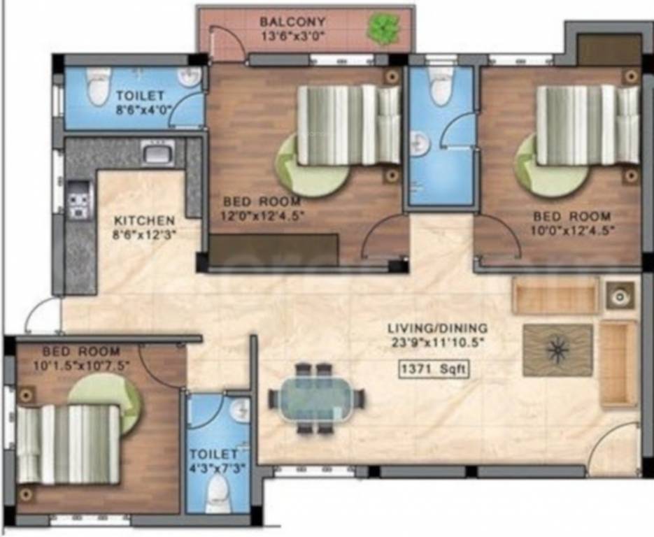Blucon Pristine (3BHK+3T (1,371 sq ft) 1371 sq ft)