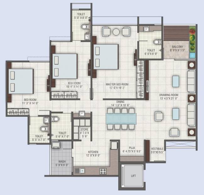 JP Iscon Riverside (3BHK+4T (2,535 sq ft)   Pooja Room 2535 sq ft)
