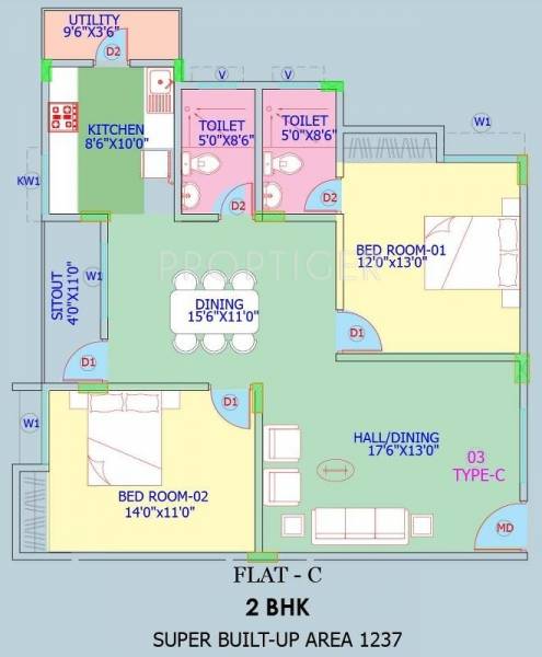 Cholankeril Lakeview (2BHK+2T (1,237 sq ft) 1237 sq ft)