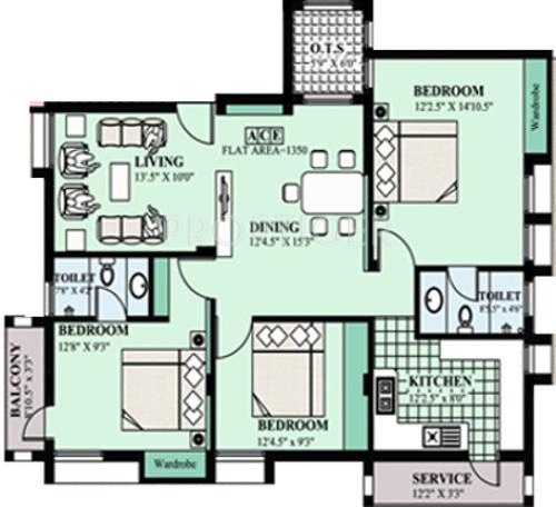 Maxis Padmam Floor Plan (3BHK+2T)