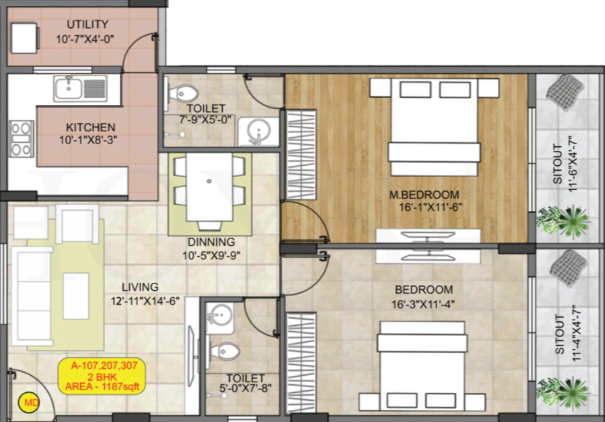 Hoysala Hallmark Lalith (2BHK+2T (1,187 sq ft) 1187 sq ft)