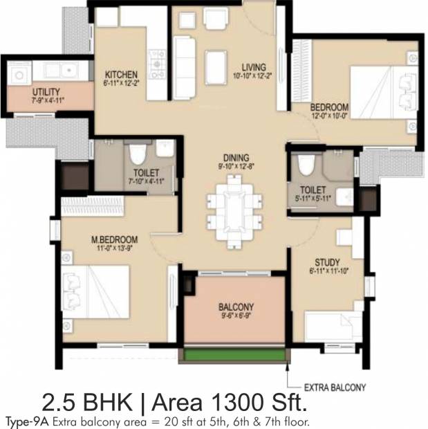 Unicon North Brooks 46 (2BHK+2T (1,300 sq ft) + Study Room 1300 sq ft)