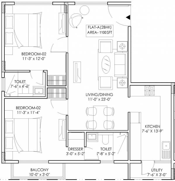 SR Gardenia (2BHK+2T (1,100 sq ft) 1100 sq ft)