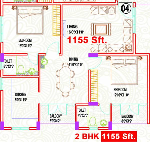 SSVR Iris (2BHK+2T (1,155 sq ft) 1155 sq ft)