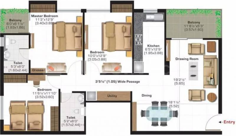 Ashiana Town B (3BHK+2T (932 sq ft) 932 sq ft)