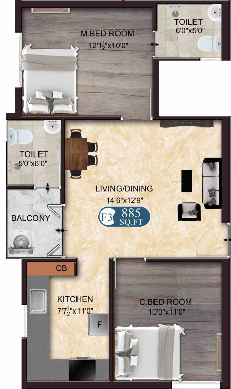 The Nest Nest Charm (2BHK+2T (885 sq ft) 885 sq ft)