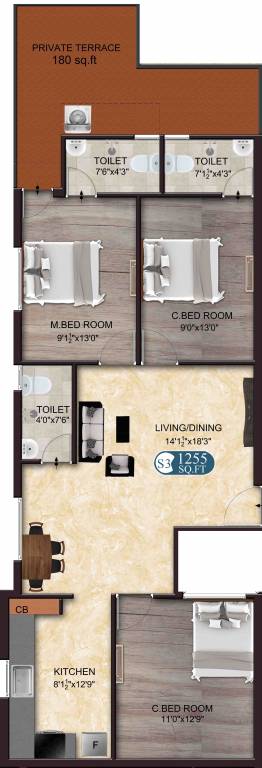 The Nest Nest Charm (3BHK+3T (1,255 sq ft) 1255 sq ft)