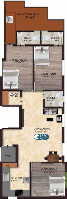 The Nest Nest Charm (3BHK+3T (1,330 sq ft) + Pooja Room 1330 sq ft)