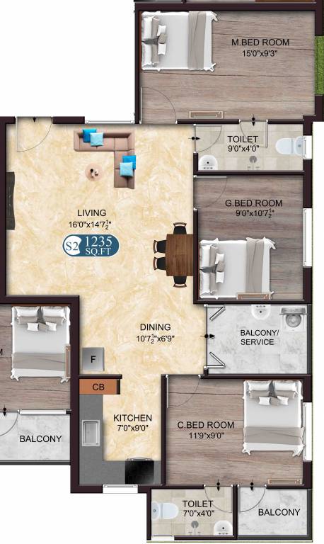 The Nest Nest Charm (3BHK+2T (1,235 sq ft) 1235 sq ft)