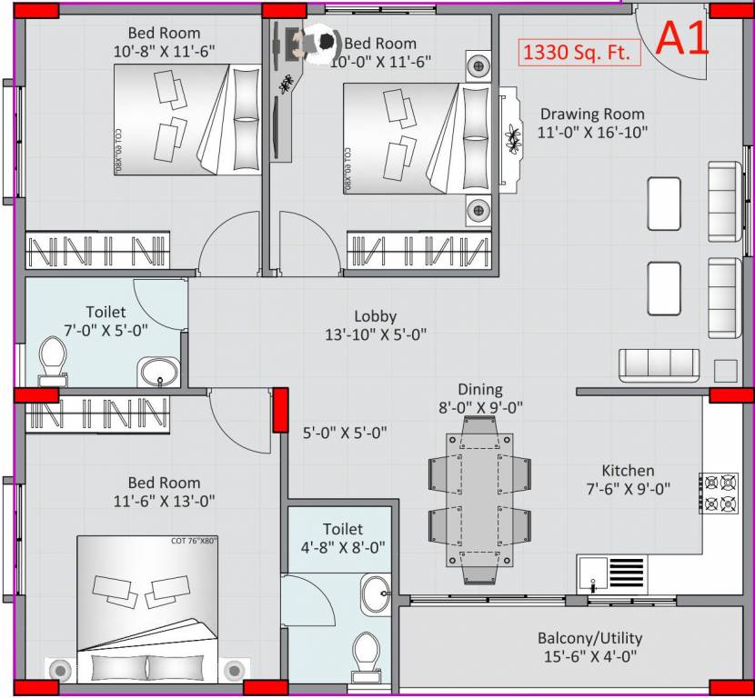 Adithya Lujoso (3BHK+2T (1,330 sq ft) 1330 sq ft)