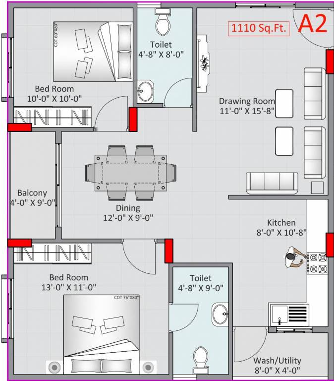 Adithya Lujoso (2BHK+2T (1,110 sq ft) 1110 sq ft)